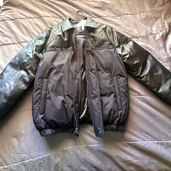 $799 Calvin Klein Studio Nappa Cow Leather Jacket Bomber Puffer M Vulcan Rare - Picture 4 of 4